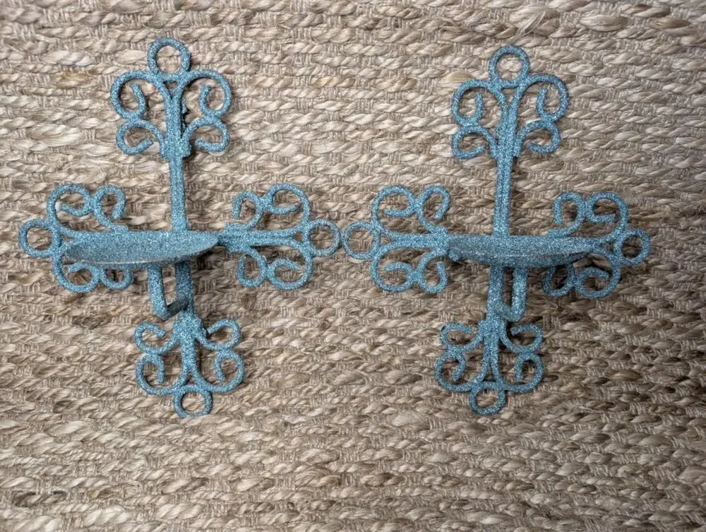 Vtg. Pair Of Metal Iron Cross Candle Holders Sconce Teal Blue Unique Home Decor